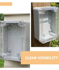 Top Tier 6 Pack Waterproof Electrical Box Enclosure With Clear Transparent Cover For Security Modules And Systems Ensures Easy Vis and Component Longevity Durable Abs Plastic Housing Perfect For Outdoor Home Installations showing clear cover and water resistance.