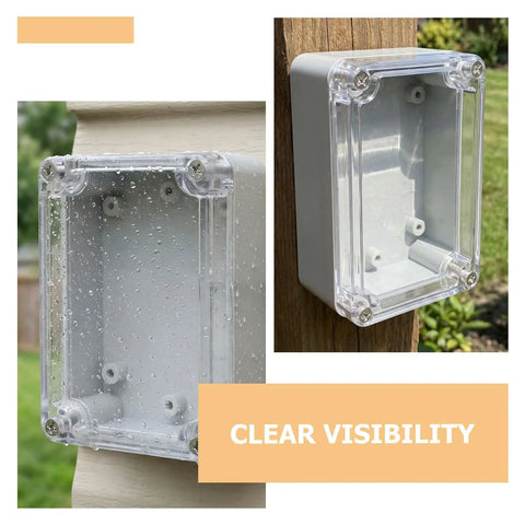 Top Tier 6 Pack Waterproof Electrical Box Enclosure With Clear Transparent Cover For Security Modules And Systems Ensures Easy Vis and Component Longevity Durable Abs Plastic Housing Perfect For Outdoor Home Installations showing clear cover and water resistance.