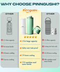 Comparison chart showing benefits of Pinngushi portable bottle, featuring 22oz capacity, leak-proof design, and stainless steel.