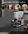 Premium Compact Espresso Maker With 20 Bar Italian Pump And Hella Smooth Milk Frother With Visual Pressure Gauge on kitchen counter.
