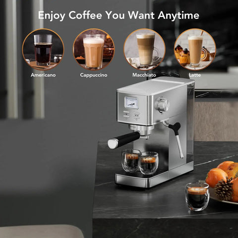 Premium Compact Espresso Maker With 20 Bar Italian Pump And Hella Smooth Milk Frother With Visual Pressure Gauge on kitchen counter.