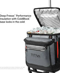 Titan Collapsible Wheeled Soft Sided Cooler with cans and ice, showing insulation lining, Sharkskin Grey