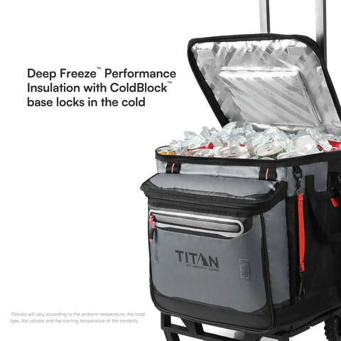 Titan Collapsible Wheeled Soft Sided Cooler with cans and ice, showing insulation lining, Sharkskin Grey