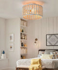 Wood Bead Chandelier Rustic Farmhouse Semi Flush Mount 3 Light Ceiling Fixture With E26 Base Oak Black Boho Bedroom