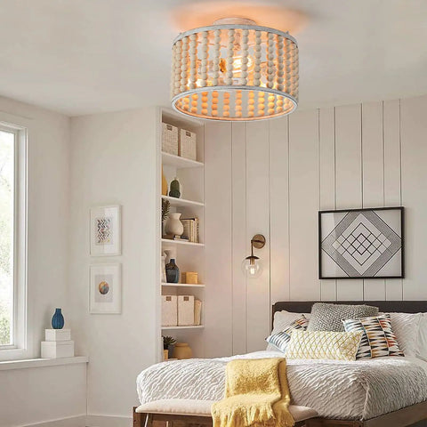 Wood Bead Chandelier Rustic Farmhouse Semi Flush Mount 3 Light Ceiling Fixture With E26 Base Oak Black Boho Bedroom