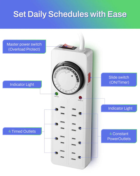 8 Outlet Surge Protector With Mechanical Timer And 4 Timed And 4 Always On Outlets, ETL Listed, 1875W Power Strip illustration