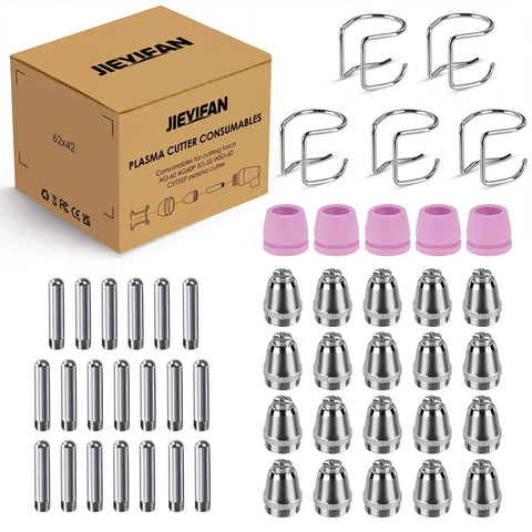 Pro Grade Plasma Cutter Consumables Kit With Cutting Tips And Nozzles, 50 Piece Set, shown with various components arranged