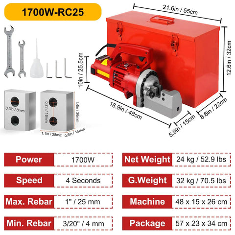 Components and dimensions of Electric Hydraulic Rebar Cutter 1700W Portable 20mm 25mm Cutting Tool with storage box and wrench.
