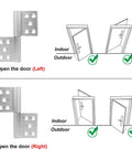 Diagram showing 8 Pack Lift Off Flag Detachable Door Hinges Aluminum Alloy With Countersunk Holes 360 Degree Rotation for left and right opening.