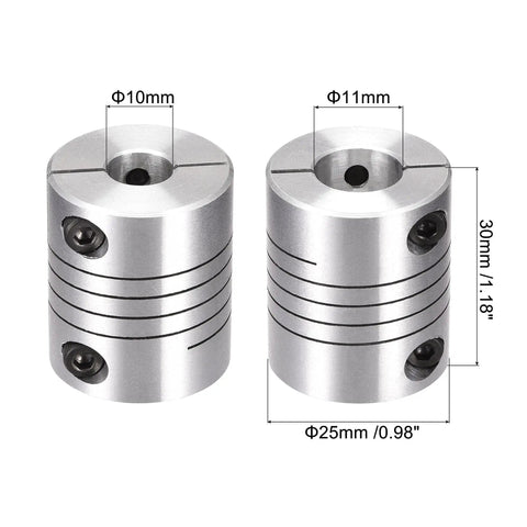 Heavy Duty Zero Backlash Spring Beam Coupler Connects 10Mm To 11Mm Shafts, aluminum alloy, two pack, 25Mm diameter, 30Mm length.