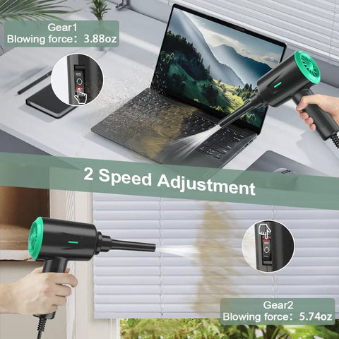 Electric Air Duster Blower With Two Speed Settings And Four Brush Attachments For Electronics Cleaning used on laptop and blinds