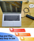USB Computer Speaker Bar With Stereo Sound And Enhanced Bass connected to a laptop via USB, cable length shown as 3.8 ft.