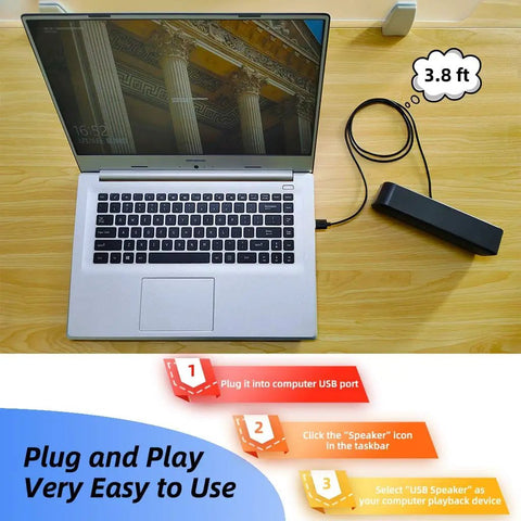 USB Computer Speaker Bar With Stereo Sound And Enhanced Bass connected to a laptop via USB, cable length shown as 3.8 ft.
