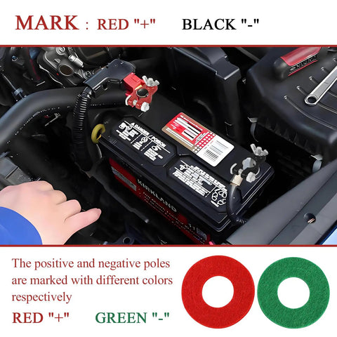 Universal Car Battery Terminal Set Including One Pair Positive And Negative Connectors With Felt Fiber Washers shown in vehicle