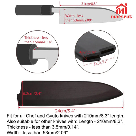 Magnetic Wood Saya Knife Sheath for 8 Inch Gyuto and Chef Knives, dimensions and fit details illustrated