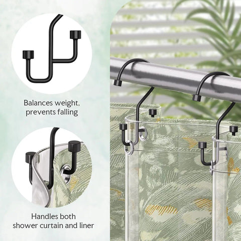 12 Pack Double Shower Curtain Hooks Rust Resistant Metal Rings With High Low Design To Separate Liner And Curtain, in use