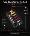 Waterproof 4 Circuit Fuse Panel, Ato Blade Fuse Block with LED indicators, showing wiring method for 12 Volt and 24 Volt power usage.
