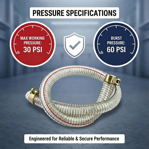 39 Inch Universal Log Splitter Suction Hose Beefy Heavy Duty 1 Inch ID Wire Reinforced PVC Hydraulic Inlet Hose With Heavy Duty Clamps For Log Splitter Parts And Oil Transfer Flexible And Temperature Resistant showing pressure specifications of 30 PSI max working pressure and 60 PSI burst pressure.