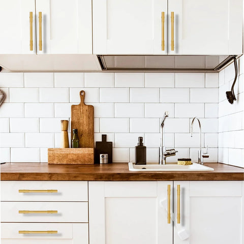 Solid Brass Gold Cabinet Pulls Set Of 4 With 5 Inch Hole Centers For Modern Kitchen Cupboards, Drawers, Wardrobe Doors, Brushed Brass Finish