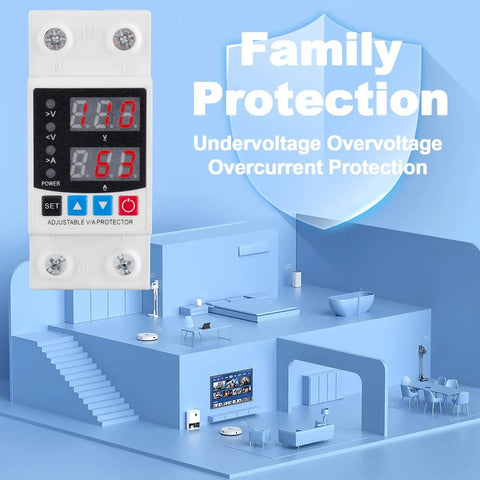 Pro Grade Circuit Breaker With Energy Monitoring And Adjustable Voltage And Current Protection From 1 To 63 Amp AC Disconnect with digital display indoors.