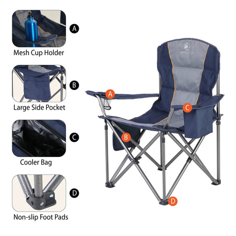 Oversized Folding Camping Chair With Cooler Bag, Side Pocket And Cup Holder, Heavy Duty Portable Lawn Chair For Outdoors with steel frame