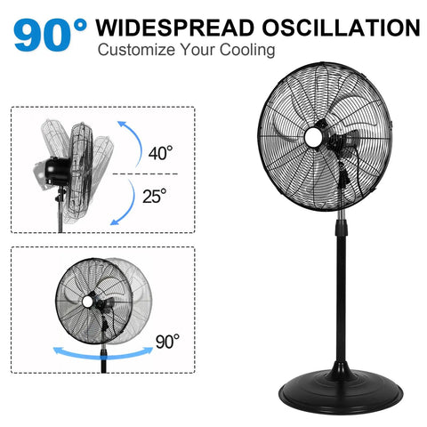 Powerful 20 Inch High Velocity Pedestal Fan With 5200 CFM Beating The Heat A True Beast Of A Workhorse Oscillating Stand Fan showing oscillation angles