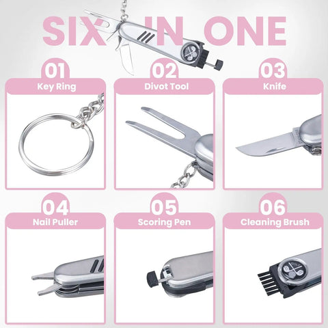 Go To All In One Portable Golf Kit With Premium Leather Pouch Includes multifunction tool with key ring, divot tool, knife