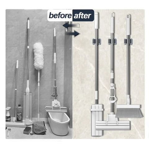 Before and after image showing Heavy Duty Mop And Broom Holder Wall Mount 10 Pack Organizer For Garage Shed Laundry Kitchen Tools.