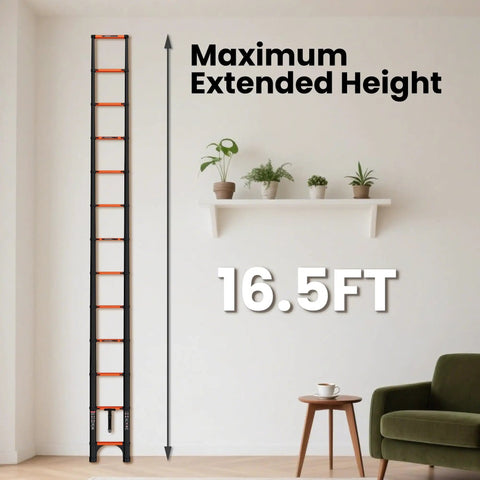 Telescoping Ladder 16.5 Feet Reach, 330 Lb Capacity, EN131 Certified, No Slip Feet, Safety Lock System, Lightweight Yet Durable For Home Garage Painting And Roof Access Orange, 16.5 ft extended
