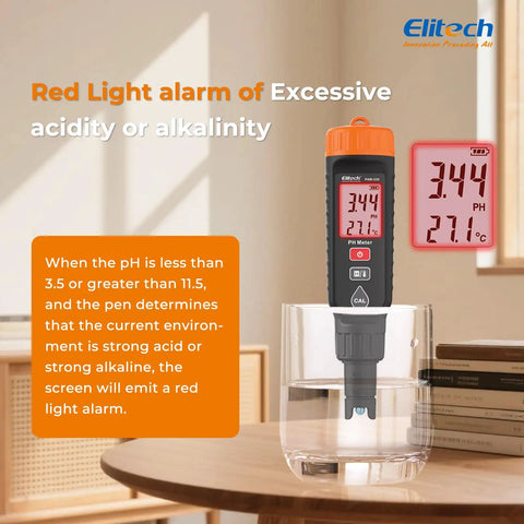 Pro pH Pen Meter With Temperature Sensor, ATC, And Full Calibration Kit on table showing red light alarm for pH levels