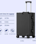 Side view of a 20-inch black hard-shell carry-on luggage with aluminum frame and spinner wheels.