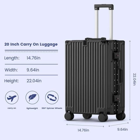 Side view of a 20-inch black hard-shell carry-on luggage with aluminum frame and spinner wheels.