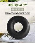 Two Pack 18x8.50-8 Inner Tubes With Straight Valve on display before a rainy garden path