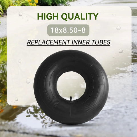 Two Pack 18x8.50-8 Inner Tubes With Straight Valve on display before a rainy garden path