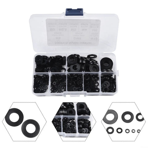 500-Piece Nylon Flat Washers Assortment Kit Black Metric M2 Through M10 For Electrical Automotive Marine Projects Value Pack Heavy Duty Nylon Construction Insulation And Corrosion Resistant Seals, sorted box