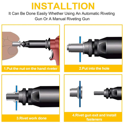Installation steps for Heavy Duty Carbon Steel Rivet Nuts Kit, 150-Piece Assortment With Zinc Plated Finish diagram