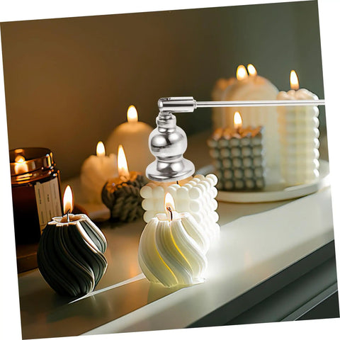 Christmas Metal Candle Fire Extinguisher Cap With Long Handle above glowing candles on a table, showcasing elegant snuffing.