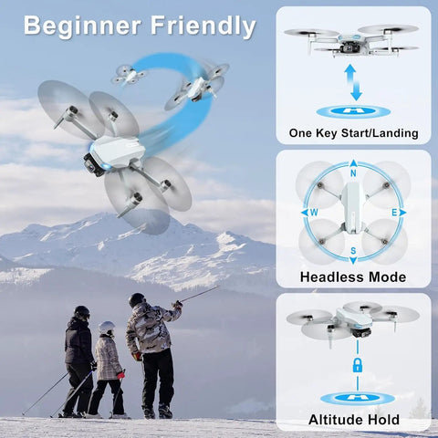 2K HD Camera Drone With FPV For Adults shown in flight, featuring one key start, headless mode, and altitude hold over snowy mountains.