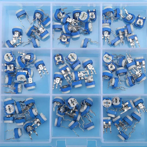150 Piece Resistor And Trimmer Potentiometer Assortment Kit Blue And White Vertical PCB Mount Three Terminal Preset Adjustable Resistors