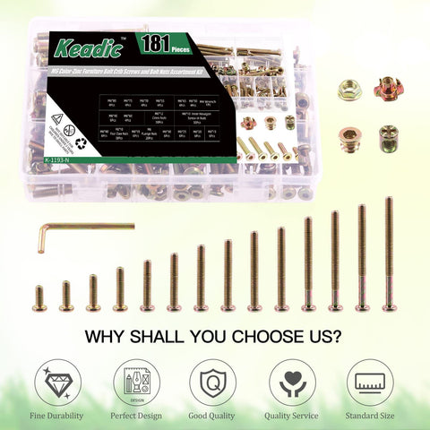 All In One M6 Zinc Plated Furniture Hardware Replacement Kit With 181 Pieces Including Hex Socket Cap Bolts and Barrel Nuts