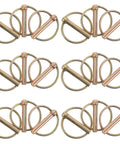 Golden Trailer Safety Pin Kit For Couplers And Hitches, 20 Piece Heavy Duty Locking Pins Set For Trucks, Trailers, RVs, And Farm Gear, Easy Install, Built To Last. Six golden steel locking hitch pins with rings, top view