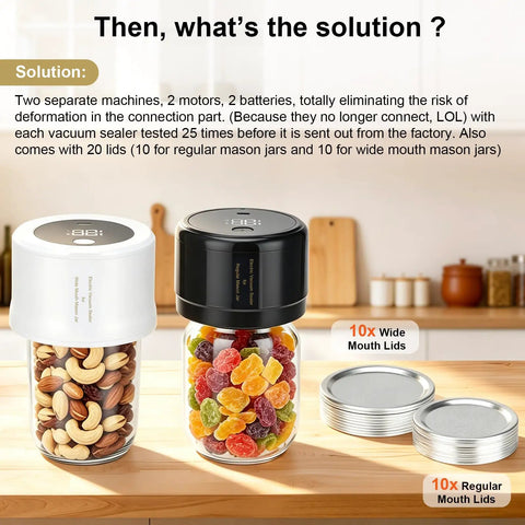 Dual Mason Jar Vacuum Sealer Kit with 20 lids, two sealers on jars filled with nuts and dried fruits; kitchen countertop view.
