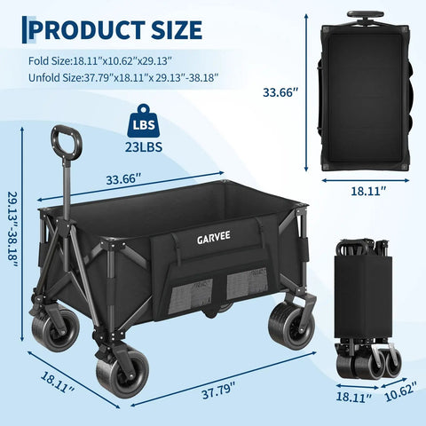 Foldable Utility Wagon Totes Heavy Haul Up To 460 Lbs With 280L Cargo Space dimensions and all terrain wheels