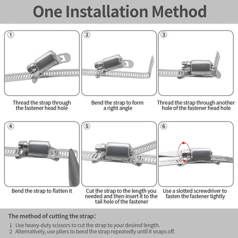 DIY Cut To Fit 10 Ft Hose Clamp Kit With 5 Fasteners installation steps showing threading and securing 304 stainless steel clamps.
