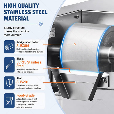 Close-up of Commercial Snowflake Ice Maker Featuring Quick Draw Touchscreen Tech with SUS304 stainless steel roller and blade for ice shaving.