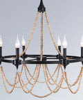 Natural Boho 28 Inch Chandelier With Wooden Bead Tassels And Rust Iron Black Wagon Wheel Frame, 6 Light Retro French Country