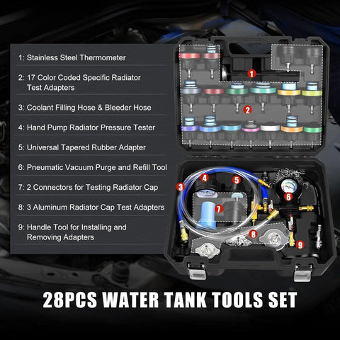 Shop Grade 28 Piece Radiator Pressure Leak Tester And Coolant Refill Tool With Universal Vacuum Adapters, complete tool kit with 28 pieces.
