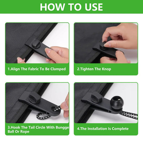 Steps showing use of Heavy Duty Lock Grip Tarp Clamps 10 Pack For Camping Pool Covers with securing fabric and bungee connection.