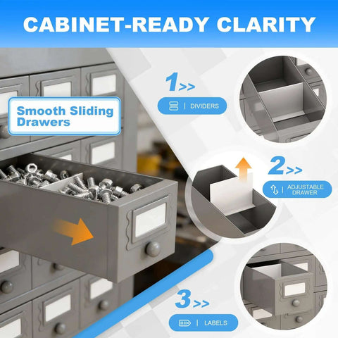 Close-up of 100-Drawer Cold Rolled Steel Storage Cabinet With Divider and 10-Tier Tool Organizer Rack showing smooth sliding drawers with hardware