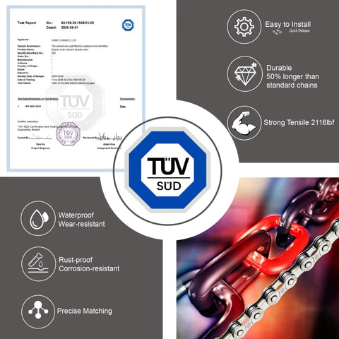 TÜV certified All In One Bike Chain Kit for 6 7 8 Speed 126 Links with Chain Tool, Master Links, and Bicycle Bell diagram